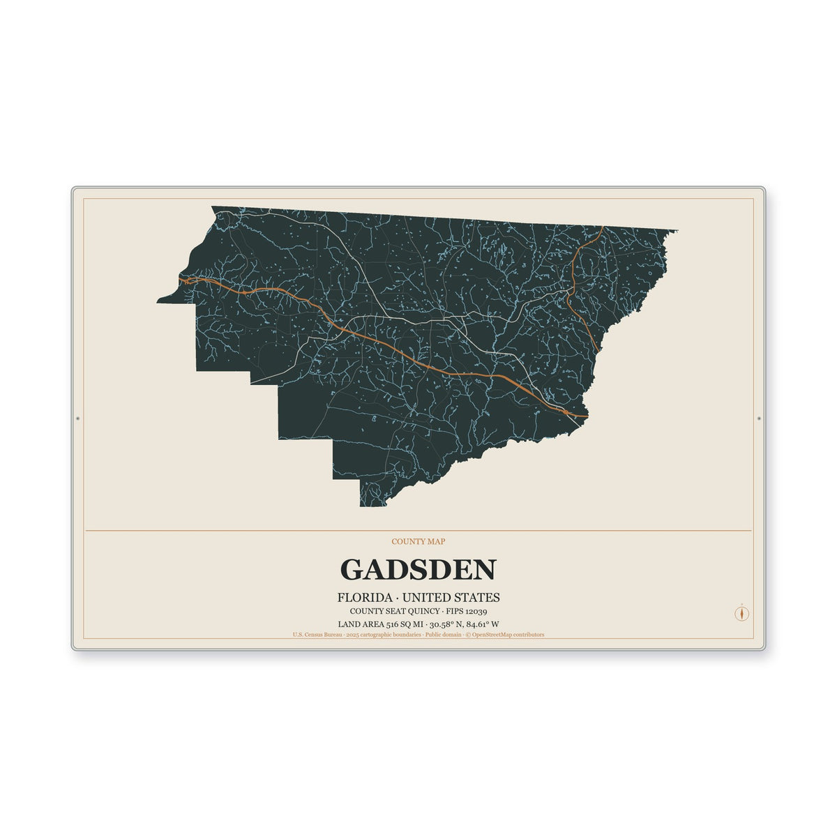 Gadsden County, Florida Map Aluminum Sign in Headline Atlas style