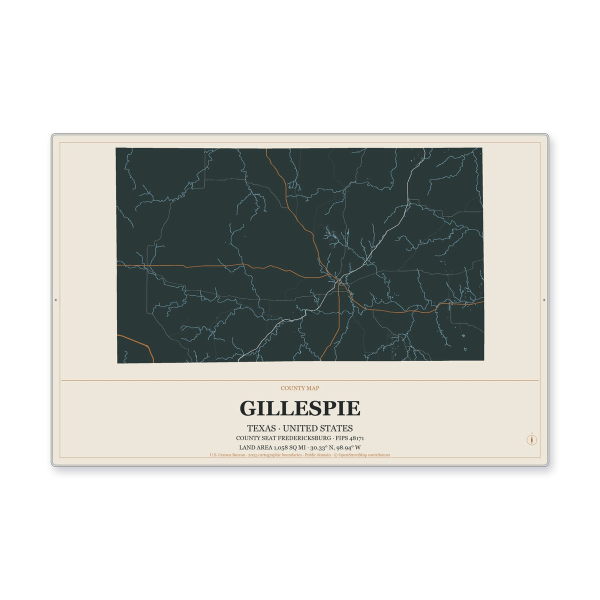 Gillespie County, Texas Map Aluminum Sign in Headline Atlas style