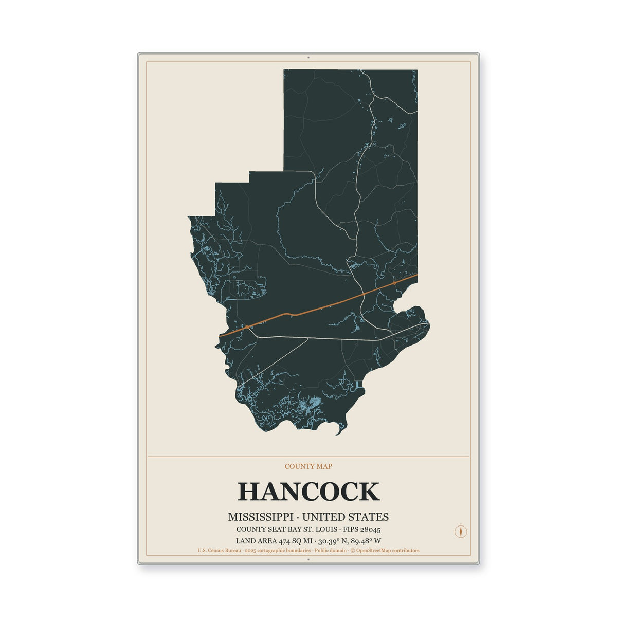 Hancock County, Mississippi Map Aluminum Sign in Headline Atlas style