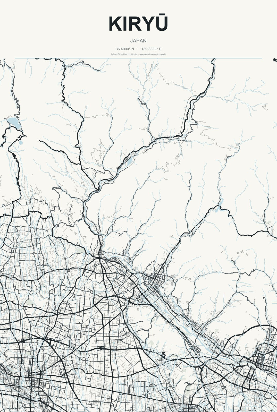 Kiryū, Japan City Map Aluminum Sign in Headline Atlas style