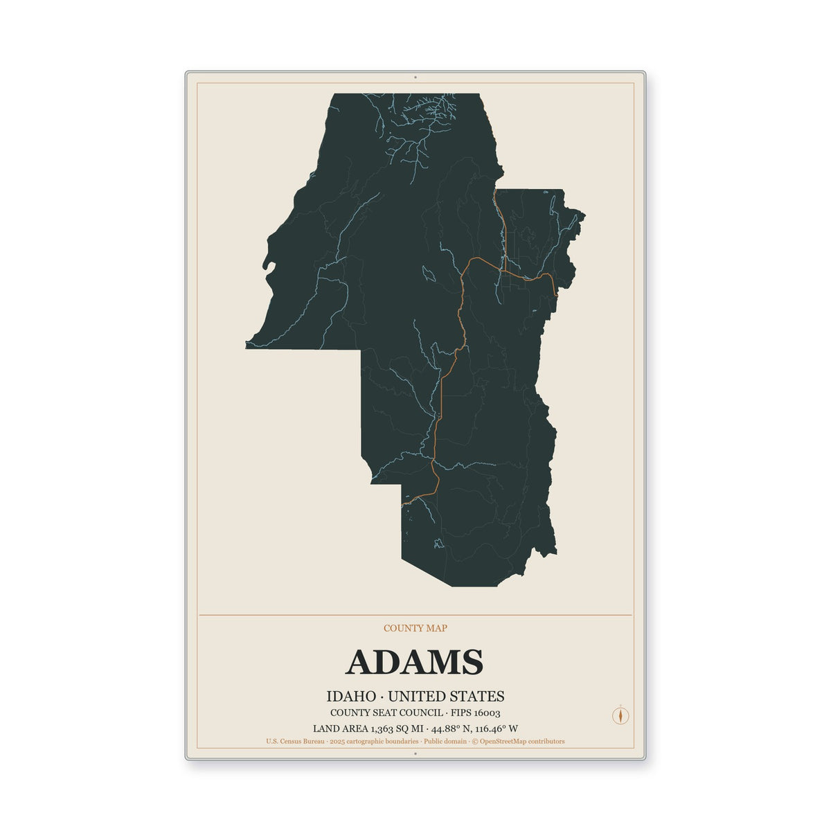 Adams County, Idaho Map Aluminum Sign in Headline Atlas style