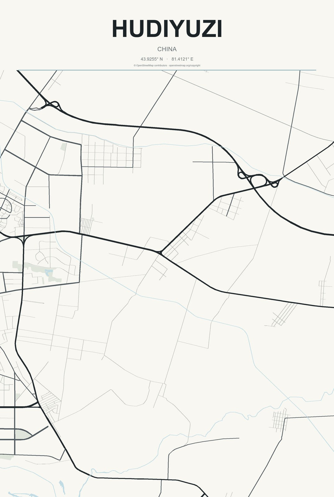 Hudiyuzi, China City Map Aluminum Sign in Headline Atlas style