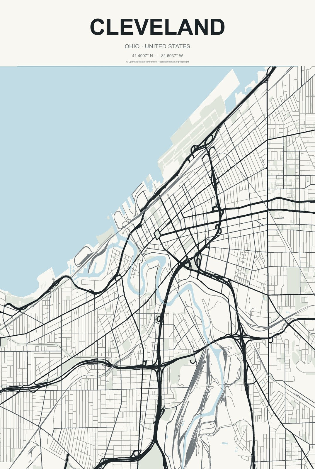 Cleveland, Ohio City Map Aluminum Sign in Headline Atlas style