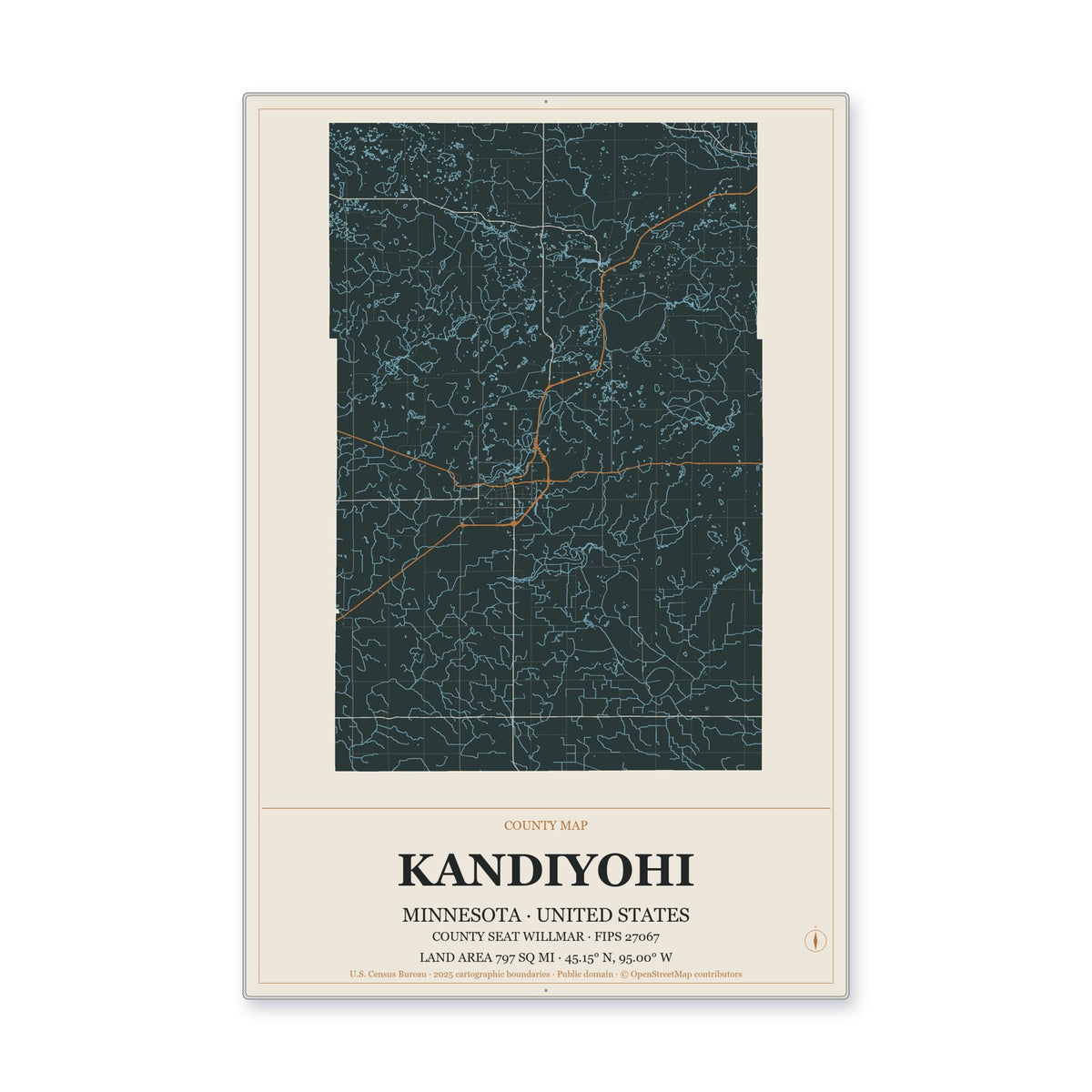 Kandiyohi County, Minnesota Map Aluminum Sign in Headline Atlas style