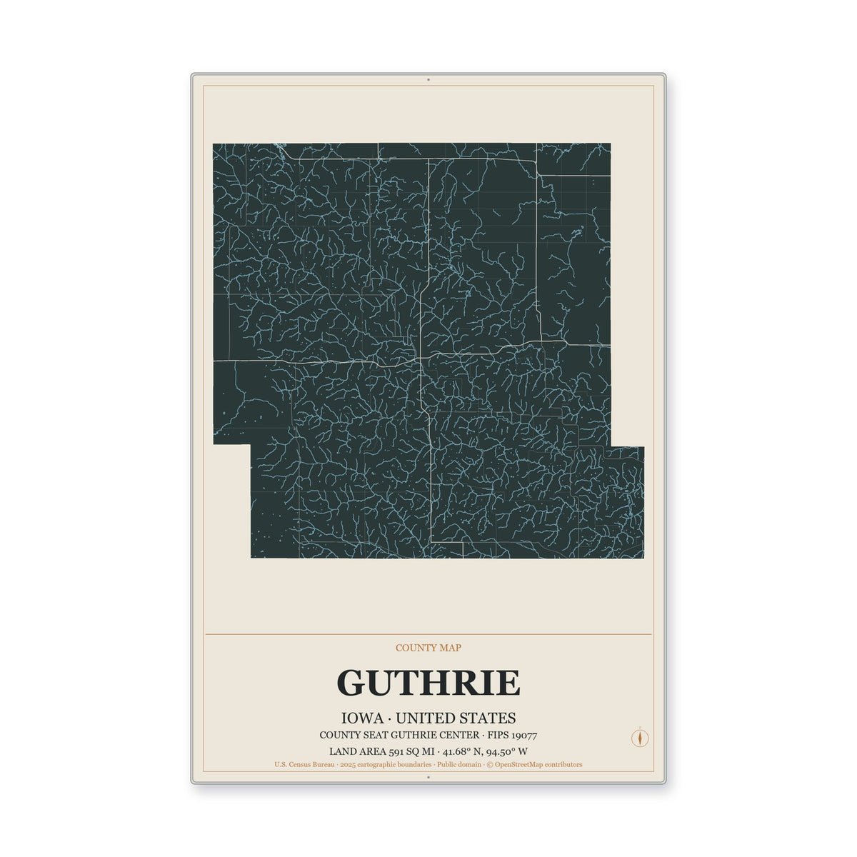 Guthrie County, Iowa Map Aluminum Sign in Headline Atlas style