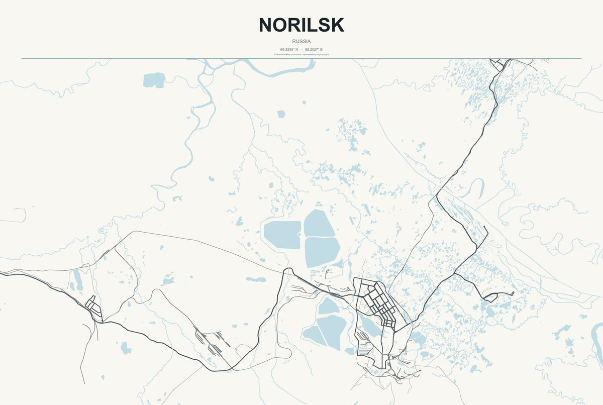 Norilsk, Russia City Map Aluminum Sign in Headline Atlas style