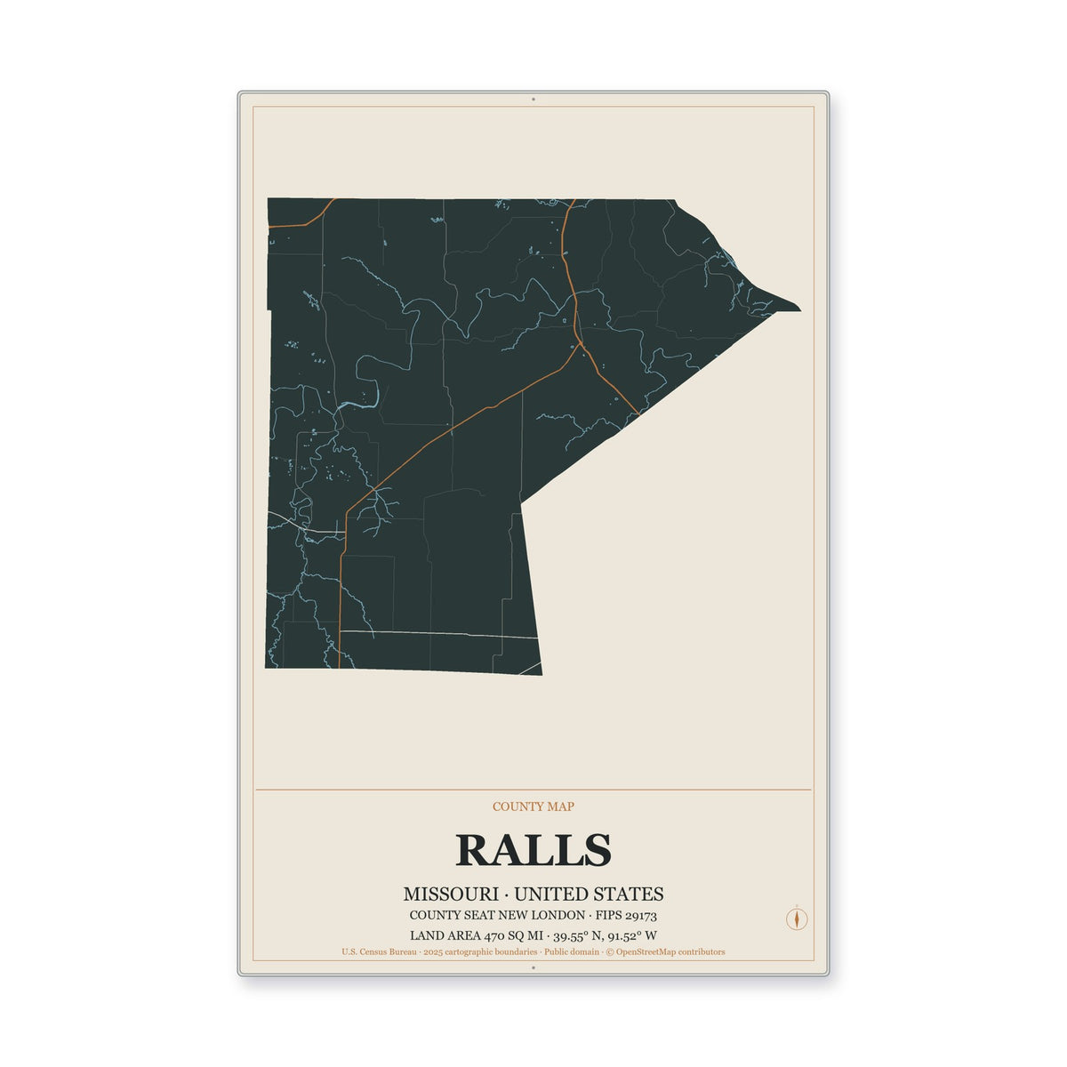 Ralls County, Missouri Map Aluminum Sign in Headline Atlas style