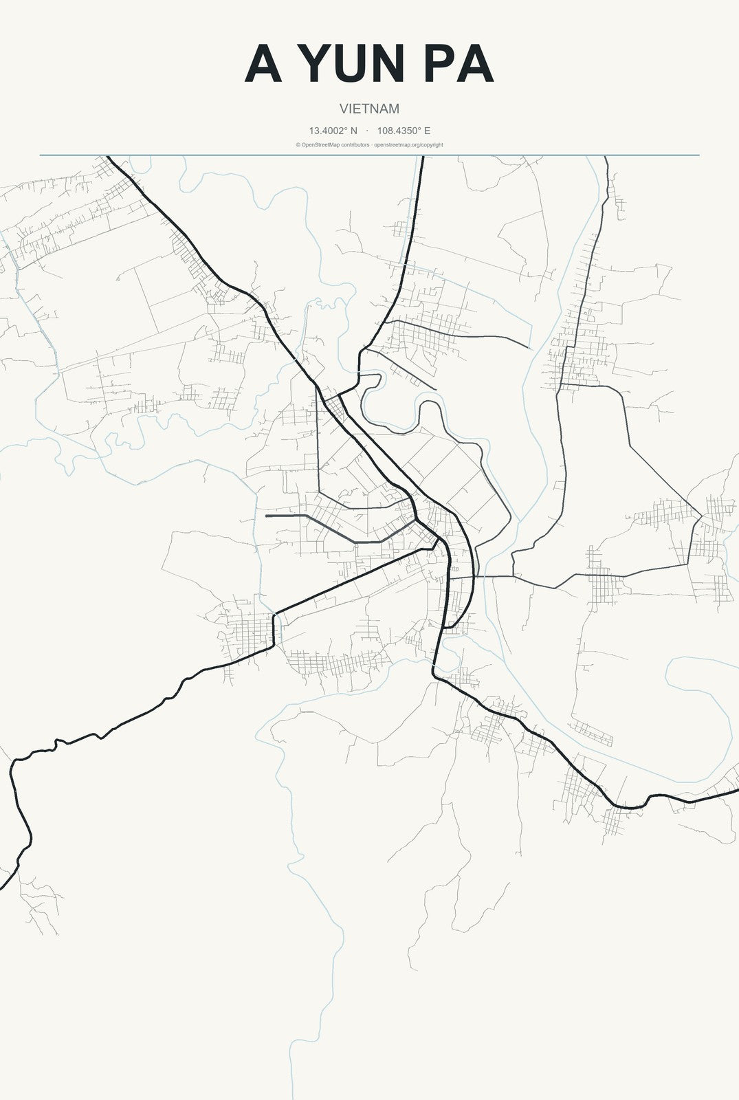 A Yun Pa, Vietnam City Map Aluminum Sign in Headline Atlas style