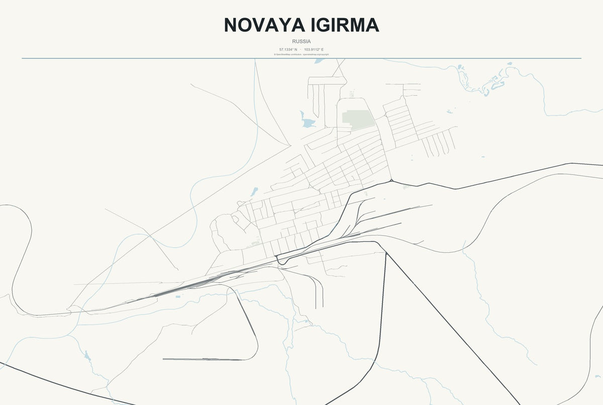 Novaya Igirma, Russia City Map Aluminum Sign in Headline Atlas style