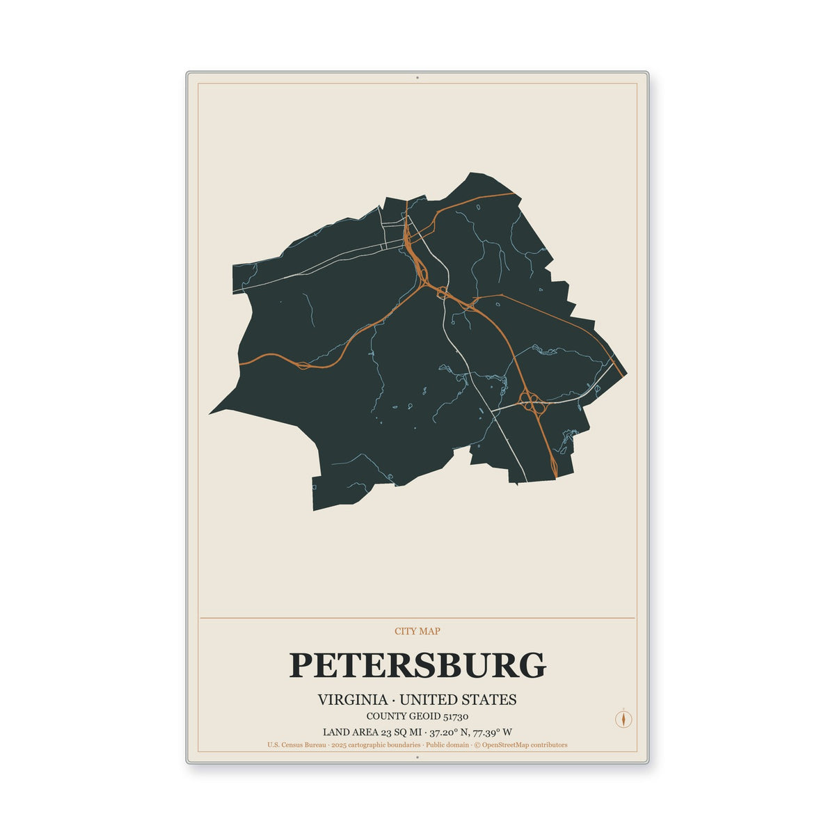 Petersburg city, Virginia Map Aluminum Sign in Headline Atlas style