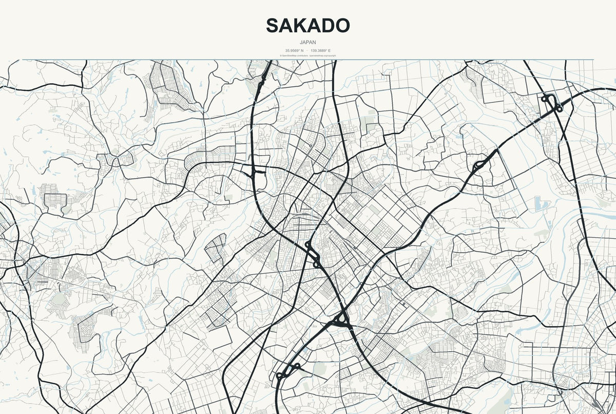 Sakado, Japan City Map Aluminum Sign in Headline Atlas style