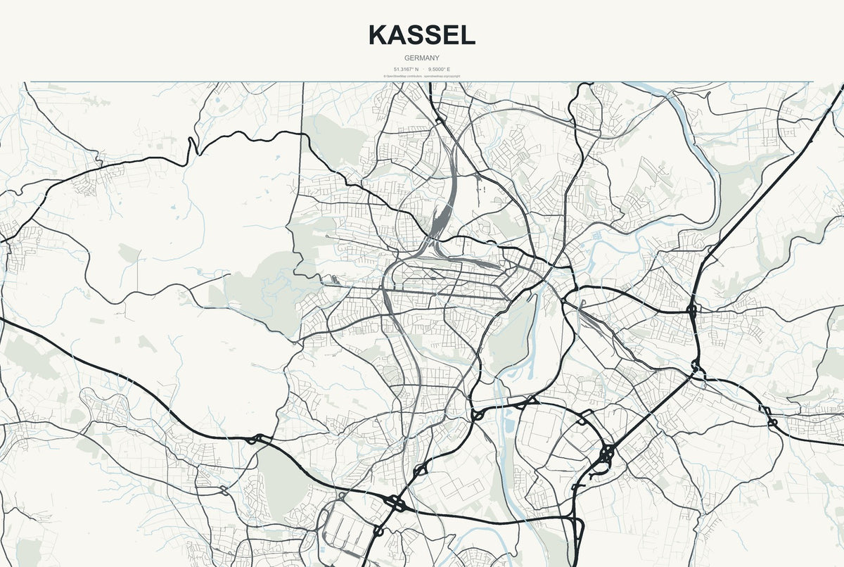 Kassel, Germany City Map Aluminum Sign in Headline Atlas style