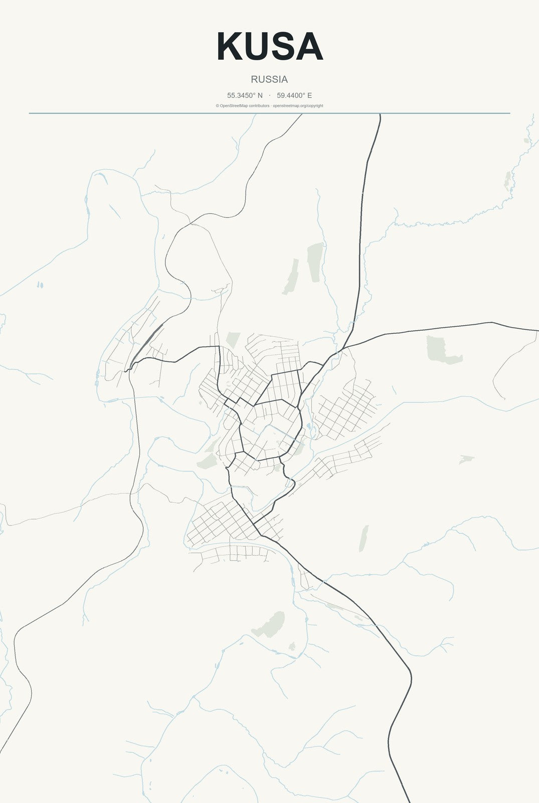 Kusa, Russia City Map Aluminum Sign in Headline Atlas style