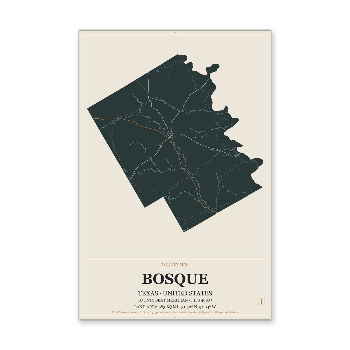 Bosque County, Texas Map Aluminum Sign in Headline Atlas style