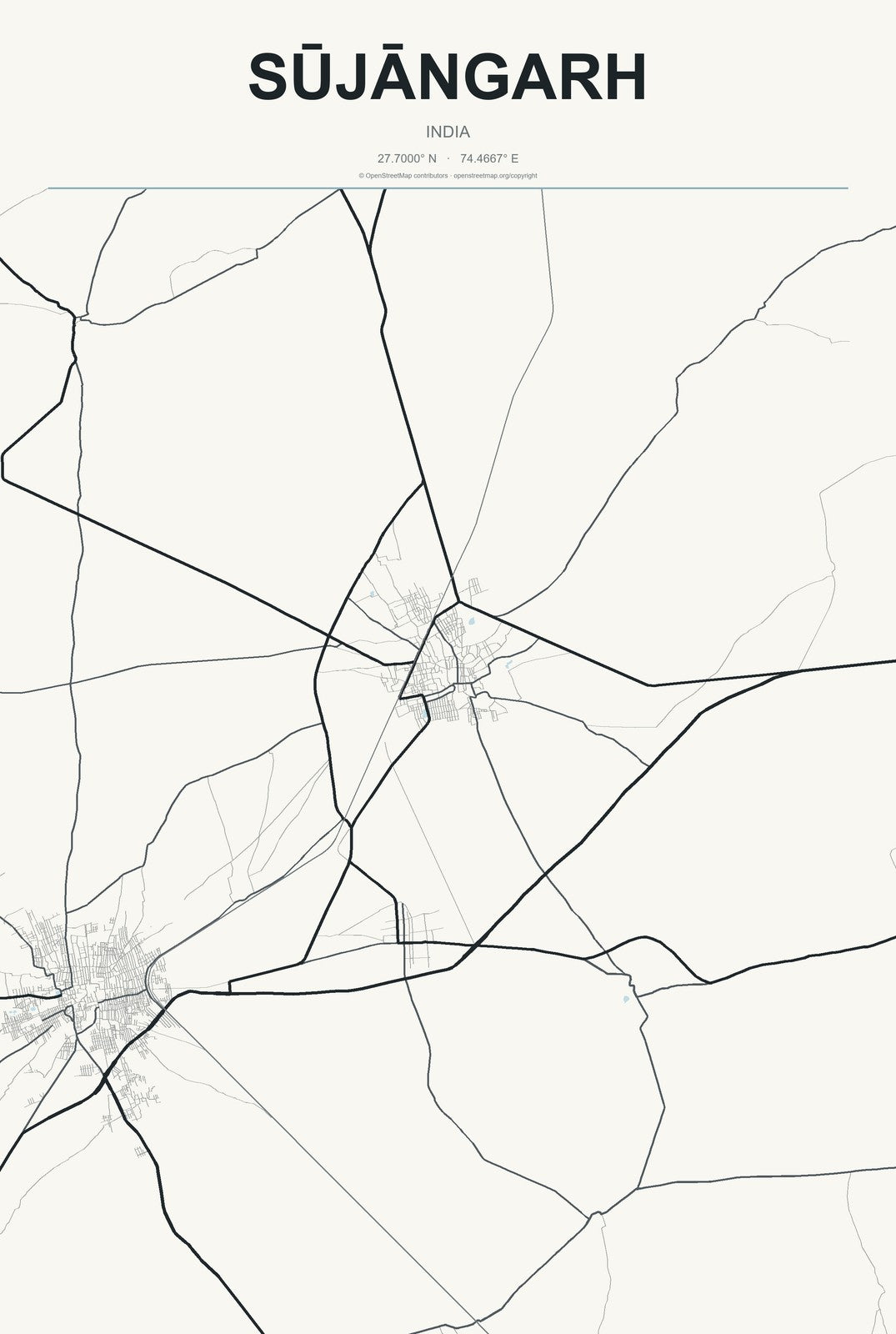 Sūjāngarh, India City Map Aluminum Sign in Headline Atlas style