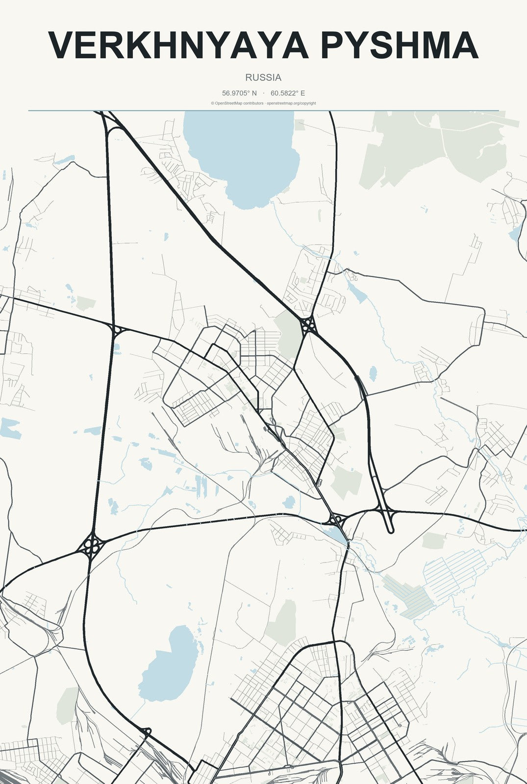 Verkhnyaya Pyshma, Russia City Map Aluminum Sign in Headline Atlas style