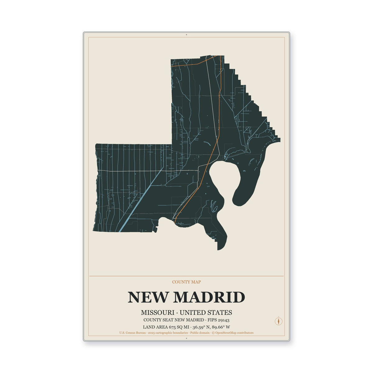 New Madrid County, Missouri Map Aluminum Sign in Headline Atlas style