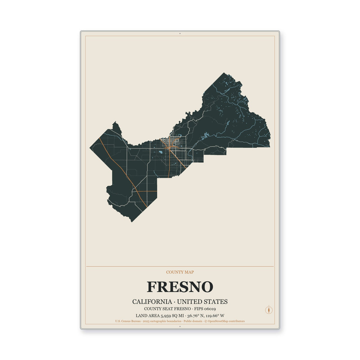 Fresno County, California Map Aluminum Sign in Headline Atlas style