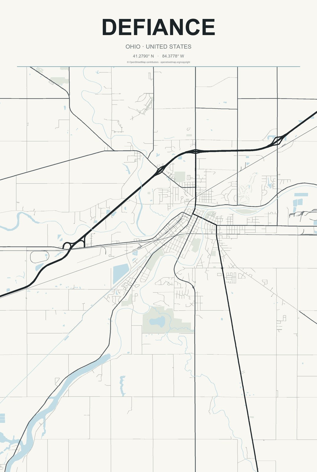 Defiance, Ohio City Map Aluminum Sign in Headline Atlas style