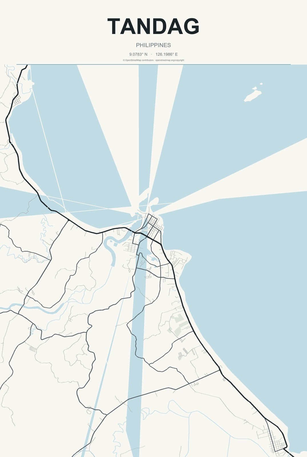 Tandag, Philippines City Map Aluminum Sign in Headline Atlas style