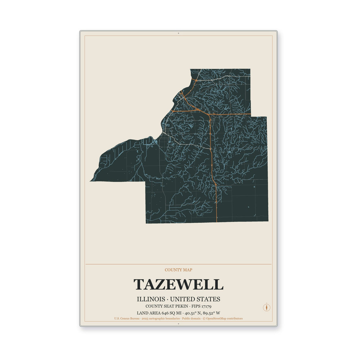 Tazewell County, Illinois Map Aluminum Sign in Headline Atlas style