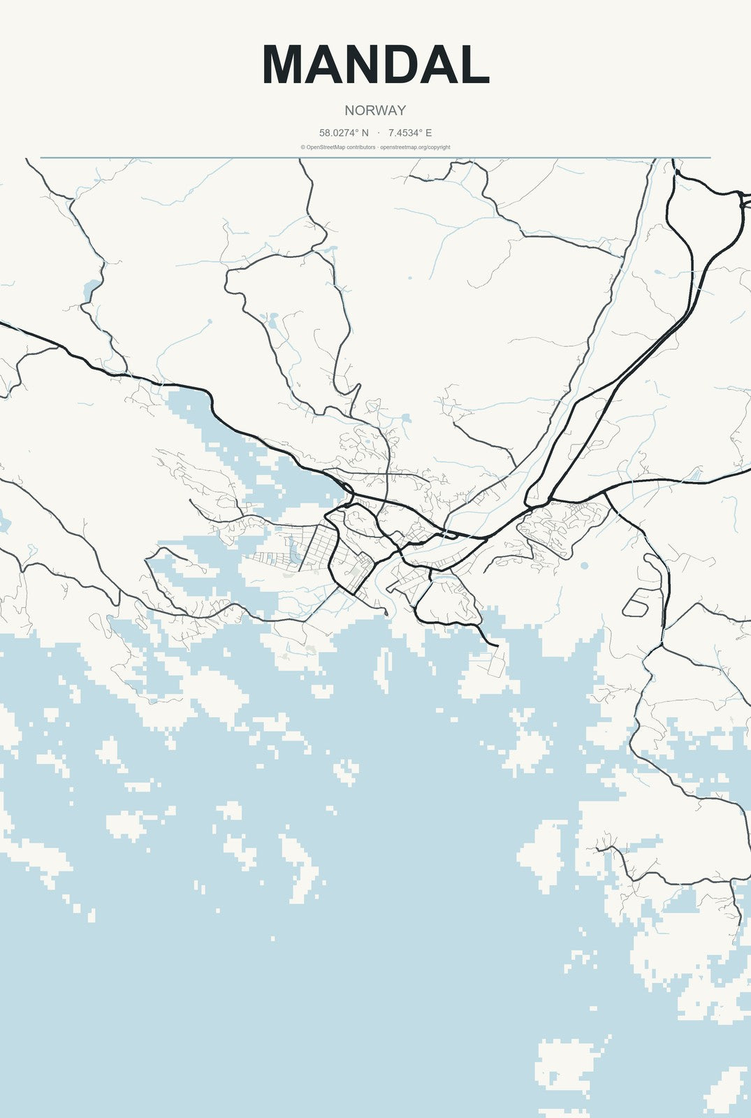 Mandal, Norway City Map Aluminum Sign in Headline Atlas style