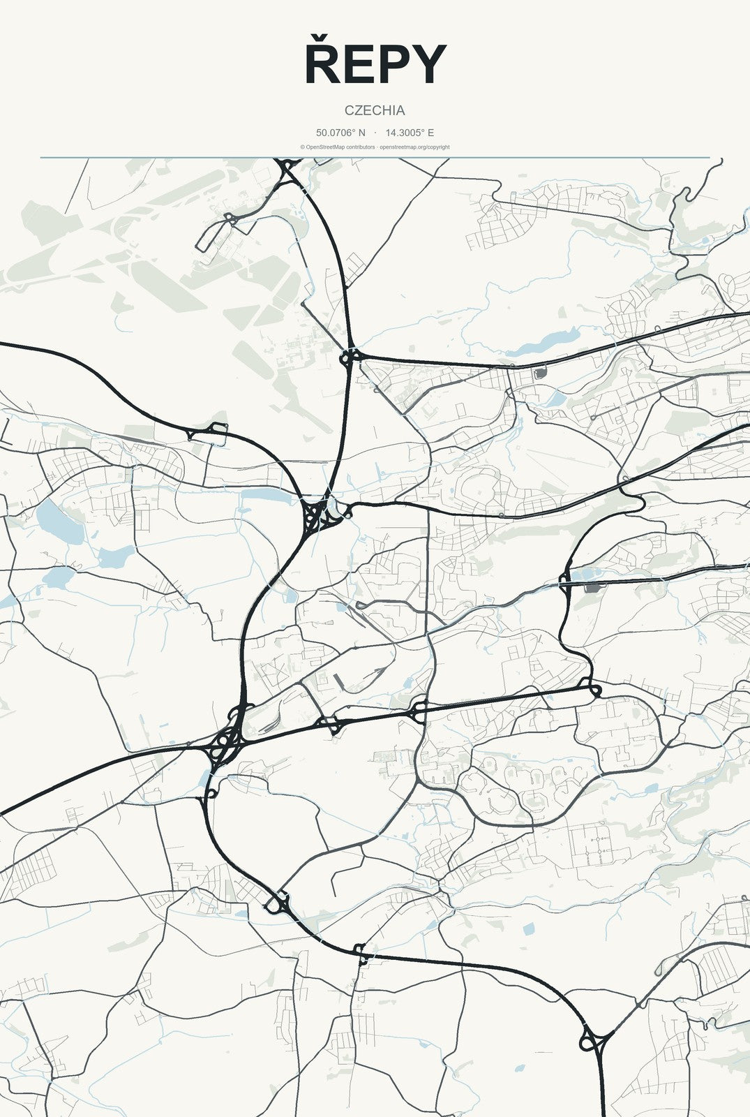 Řepy, Czechia City Map Aluminum Sign in Headline Atlas style