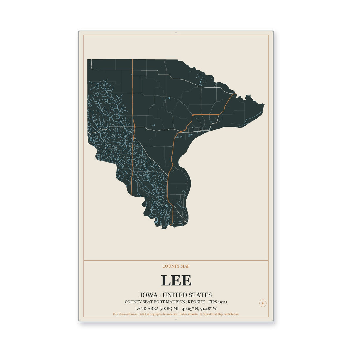Lee County, Iowa Map Aluminum Sign in Headline Atlas style