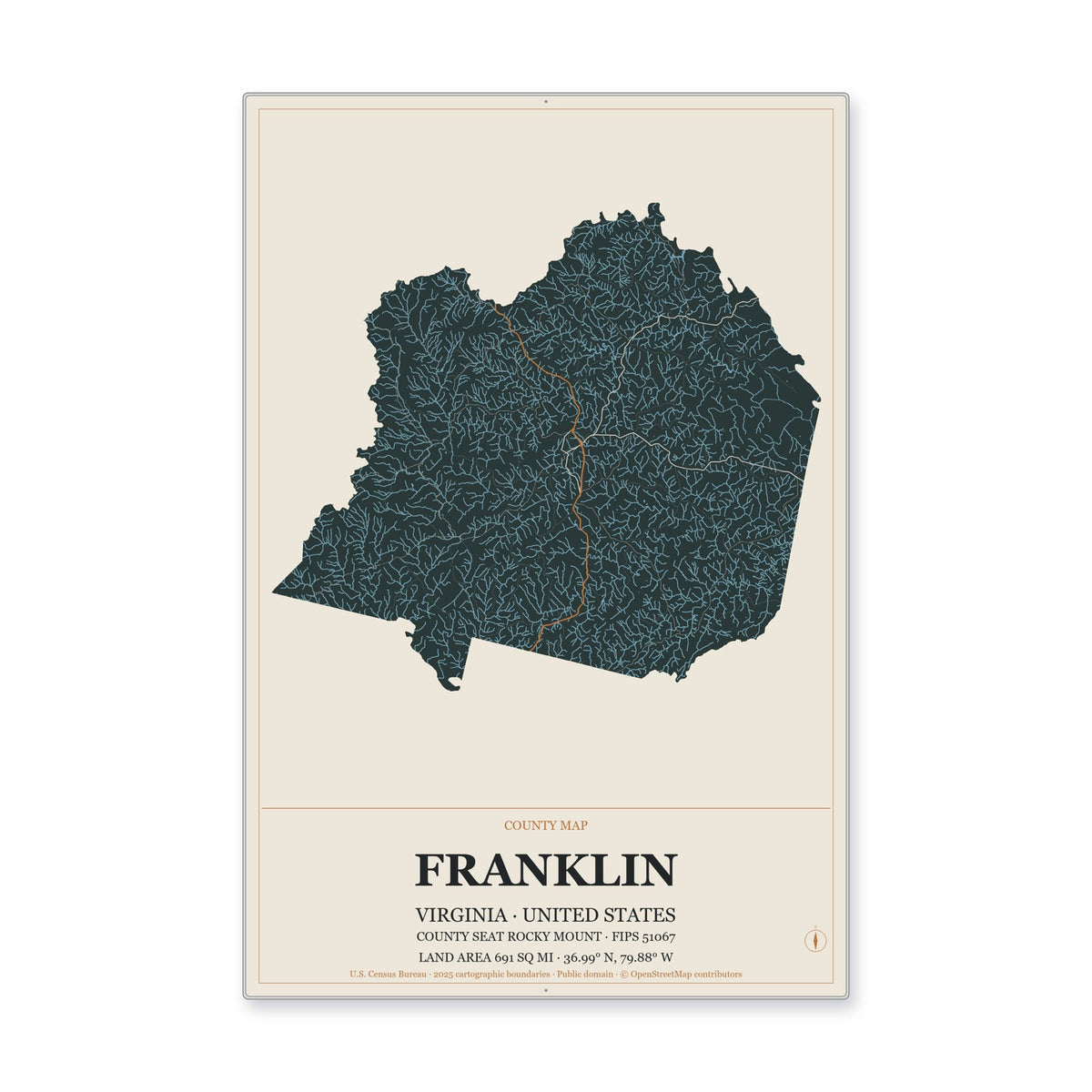 Franklin County, Virginia Map Aluminum Sign in Headline Atlas style