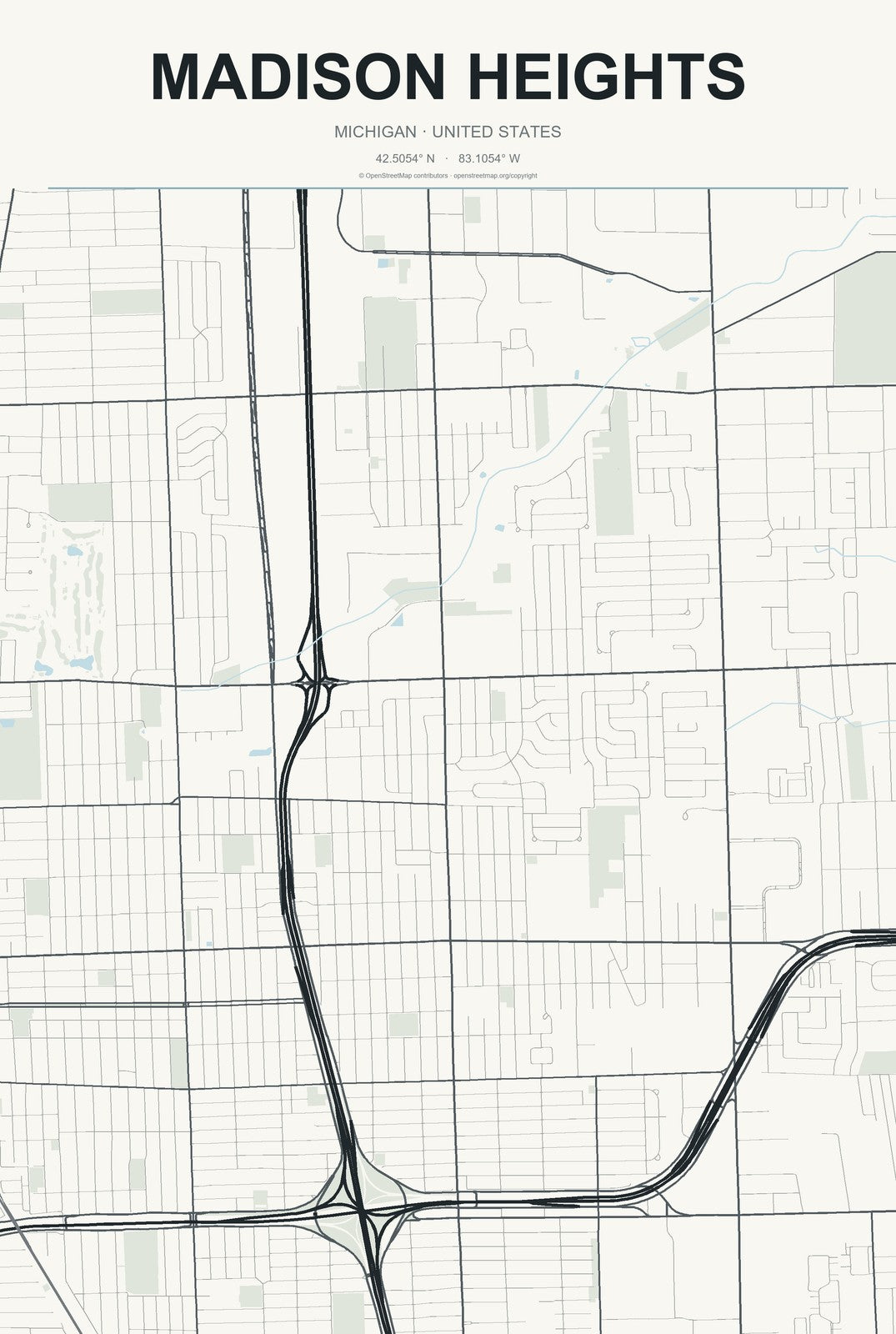 Madison Heights, Michigan City Map Aluminum Sign in Headline Atlas style