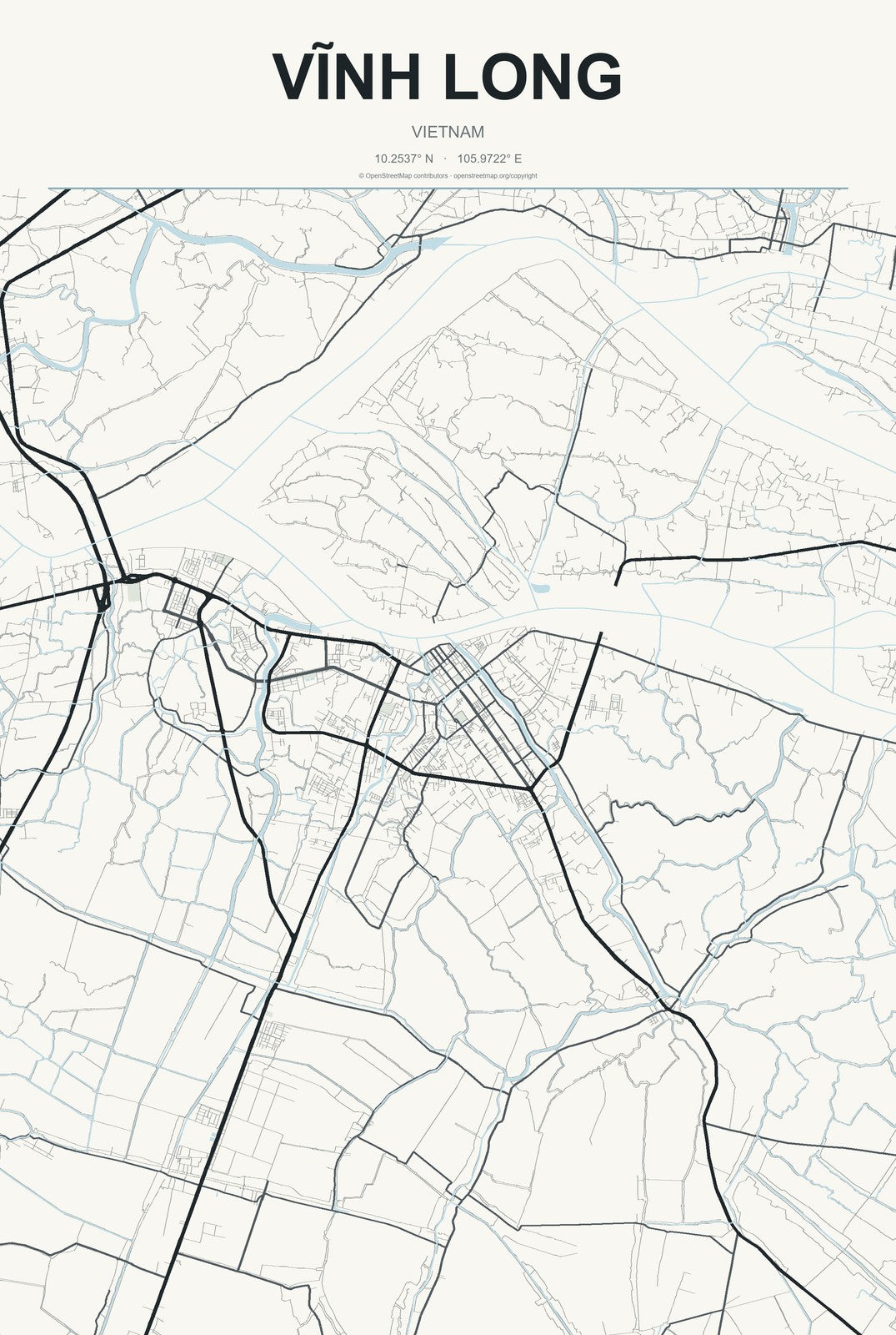 Vĩnh Long, Vietnam City Map Aluminum Sign in Headline Atlas style