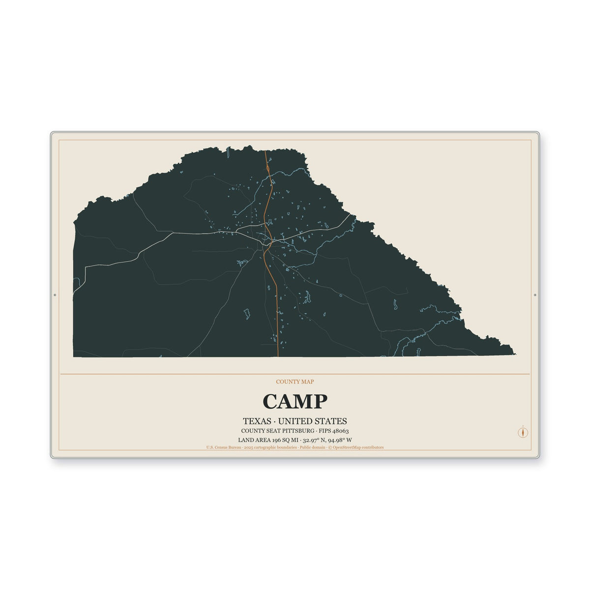 Camp County, Texas Map Aluminum Sign in Headline Atlas style
