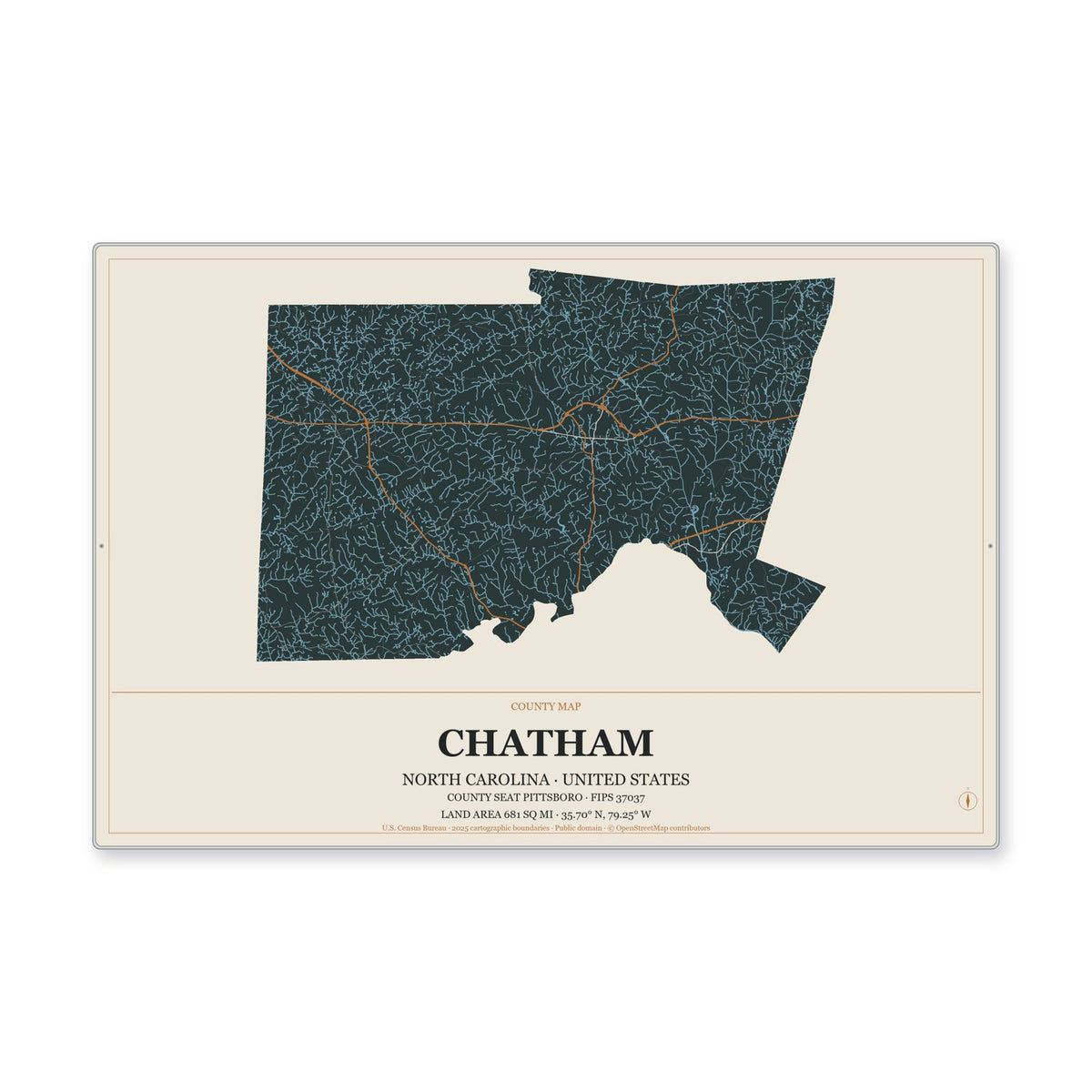 Chatham County, North Carolina Map Aluminum Sign in Headline Atlas style