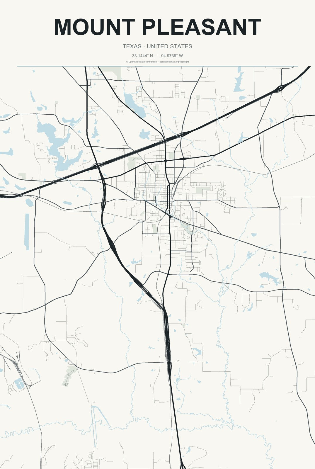 Mount Pleasant, Texas City Map Aluminum Sign in Headline Atlas style