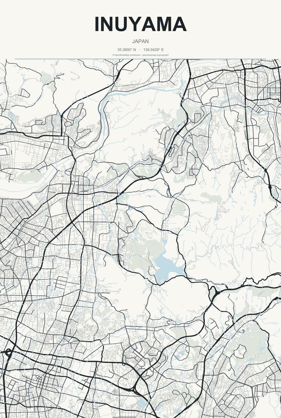 Inuyama, Japan City Map Aluminum Sign in Headline Atlas style
