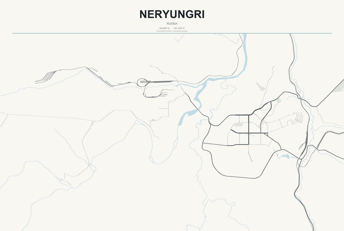 Neryungri, Russia City Map Aluminum Sign in Headline Atlas style
