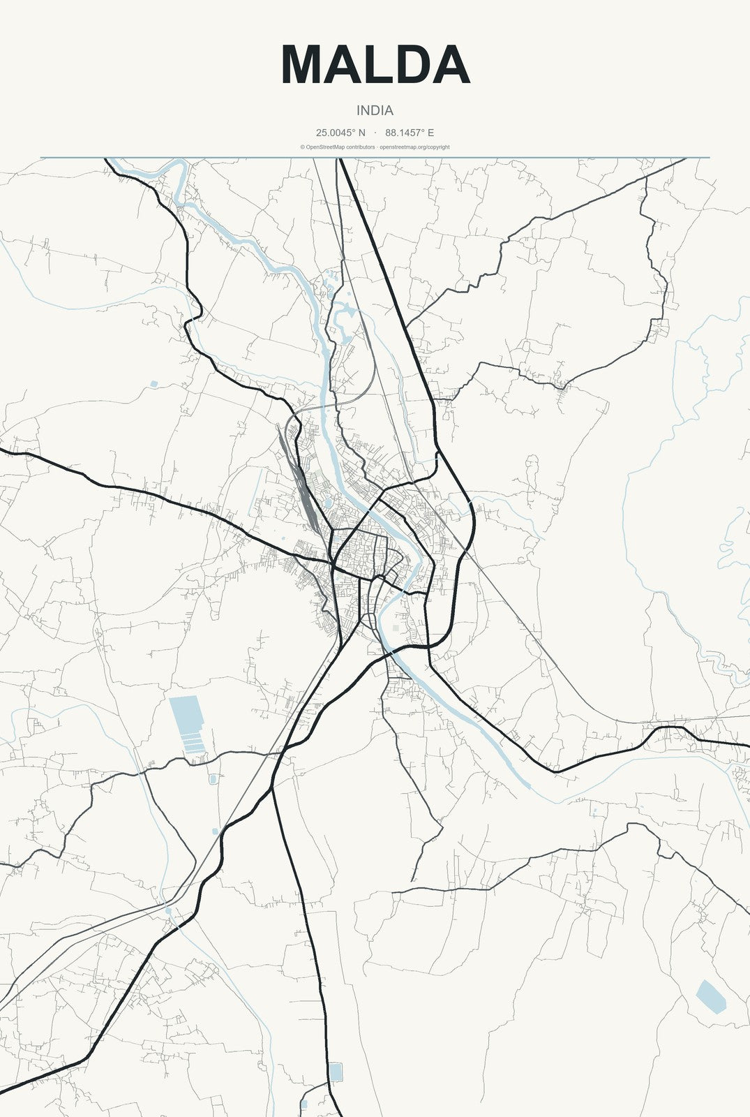 Malda, India City Map Aluminum Sign in Headline Atlas style