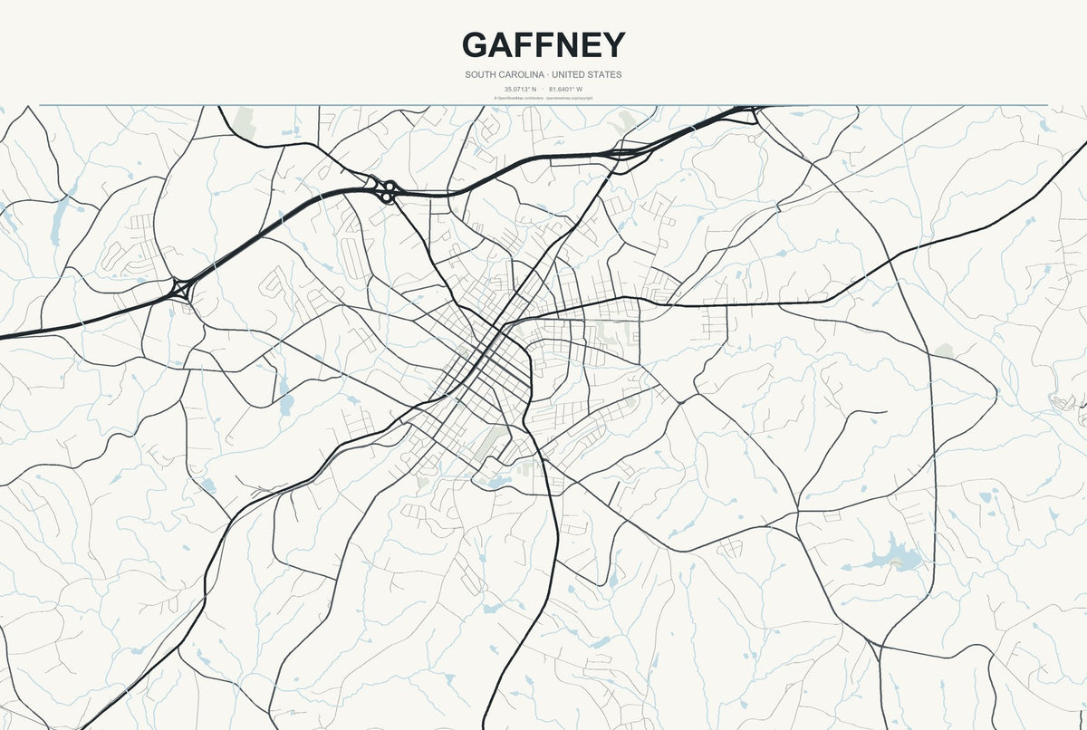 Gaffney, South Carolina City Map Aluminum Sign in Headline Atlas style