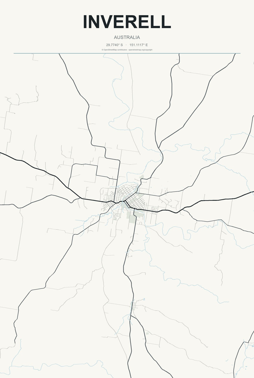 Inverell, Australia City Map Aluminum Sign in Headline Atlas style