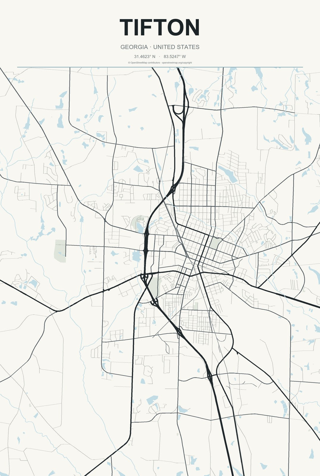 Tifton, Georgia City Map Aluminum Sign in Headline Atlas style