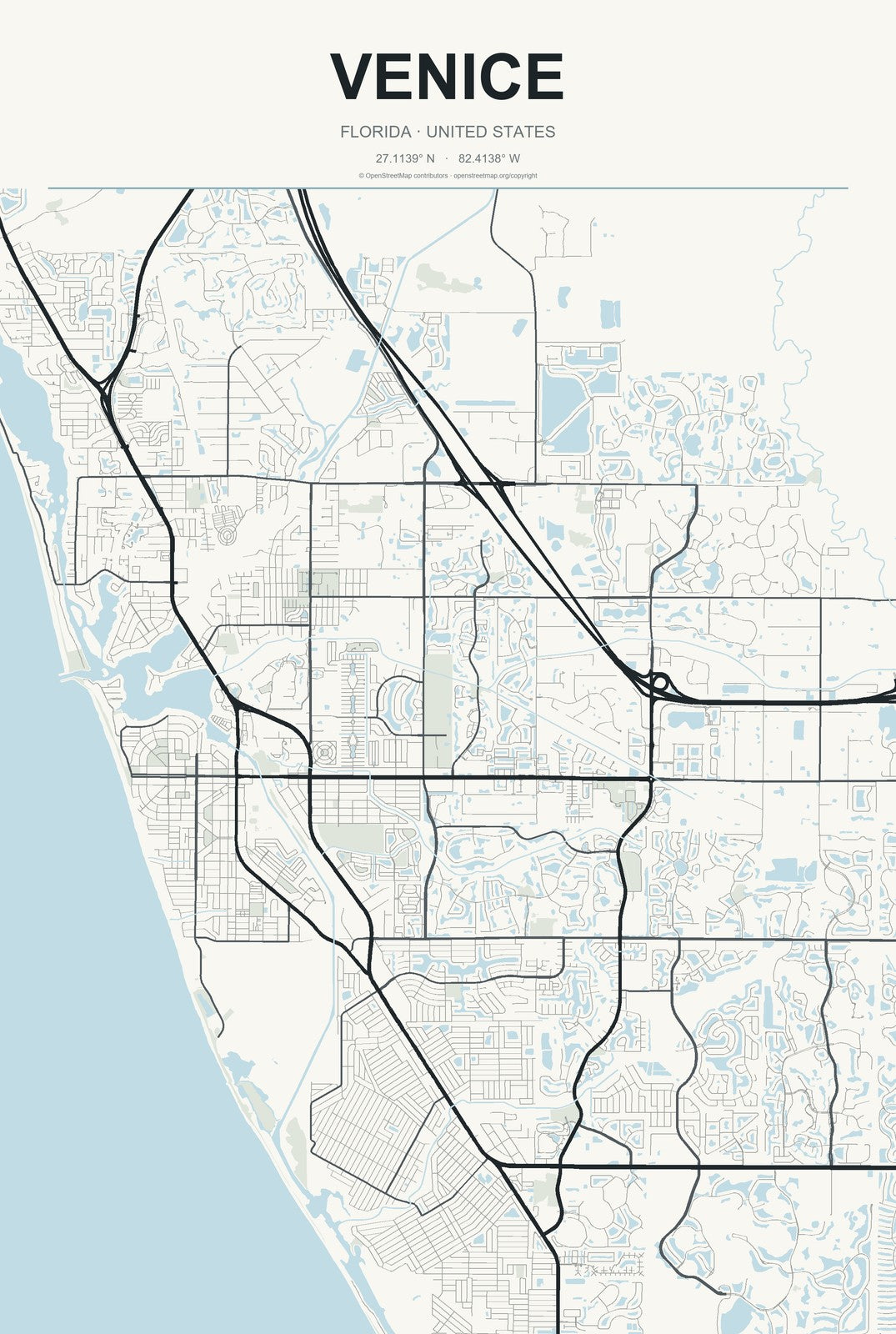 Venice, Florida City Map Aluminum Sign in Headline Atlas style