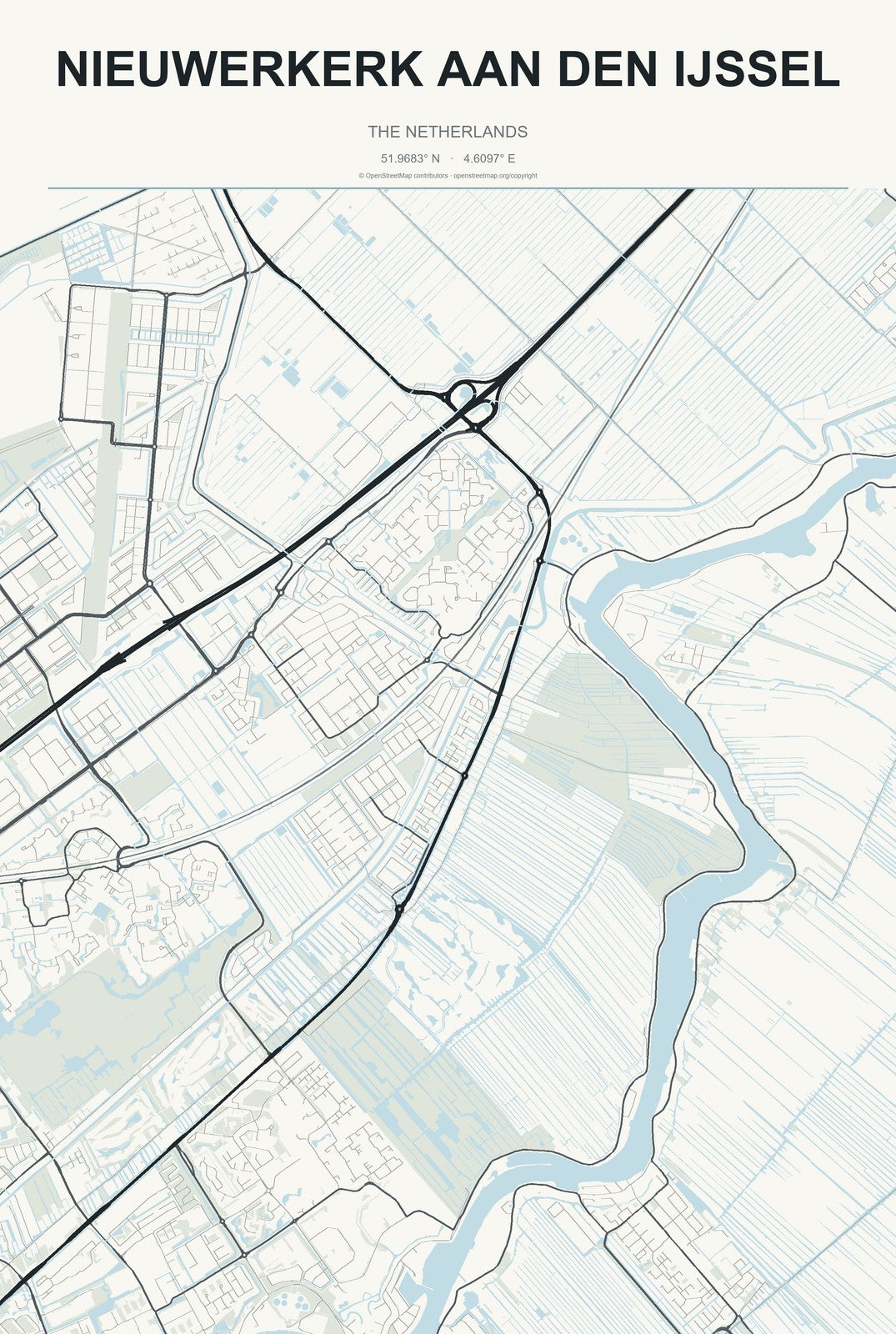 Nieuwerkerk aan den IJssel, The Netherlands City Map Aluminum Sign in Headline Atlas style