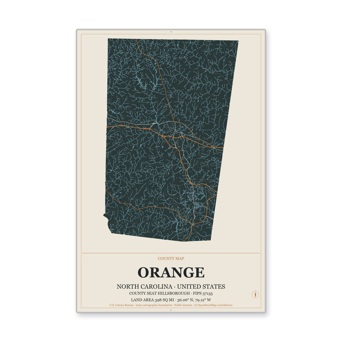 Orange County, North Carolina Map Aluminum Sign in Headline Atlas style
