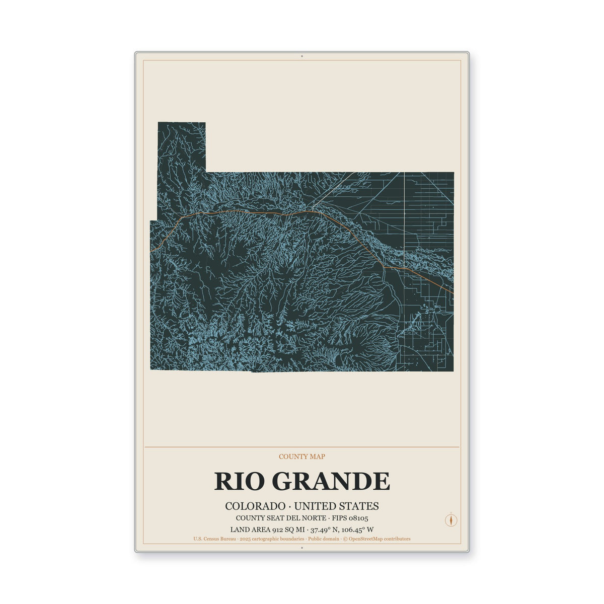 Rio Grande County, Colorado Map Aluminum Sign in Headline Atlas style