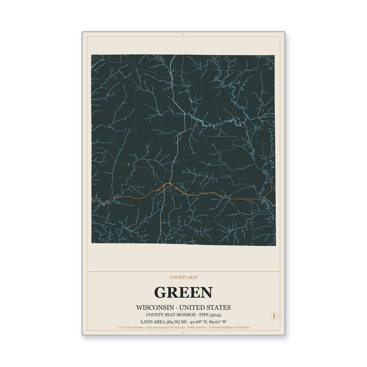 Green County, Wisconsin Map Aluminum Sign in Headline Atlas style