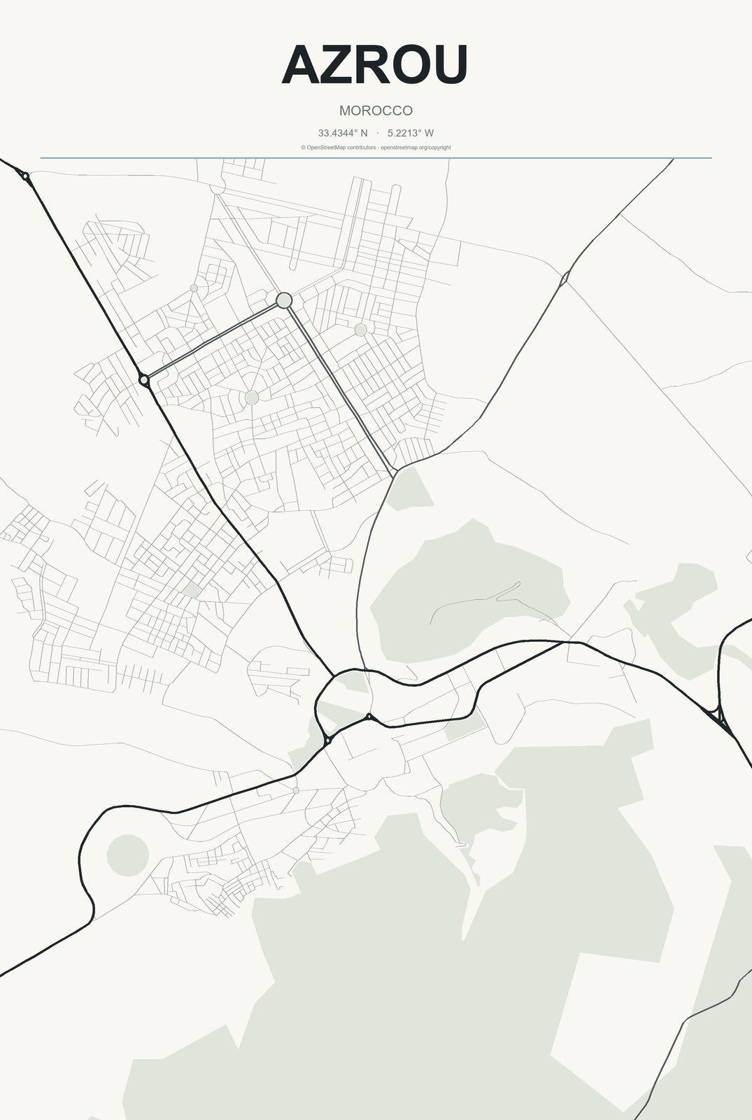 Azrou, Morocco City Map Aluminum Sign in Headline Atlas style