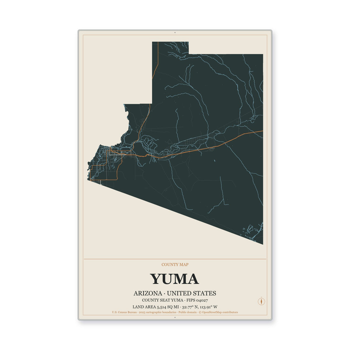 Yuma County, Arizona Map Aluminum Sign in Headline Atlas style