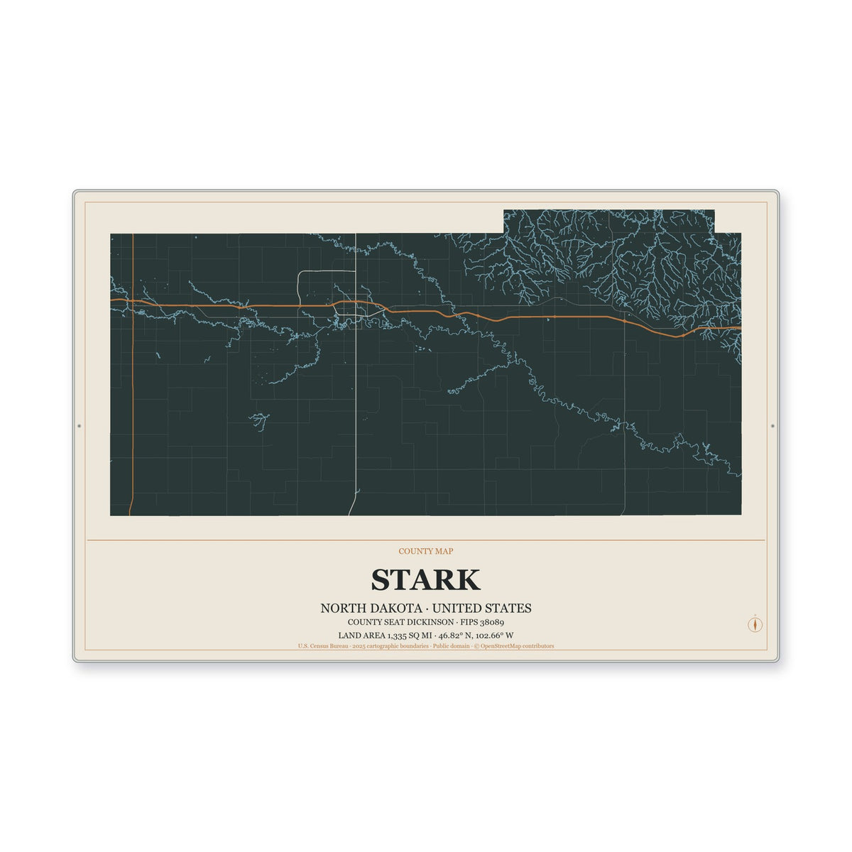 Stark County, North Dakota Map Aluminum Sign in Headline Atlas style