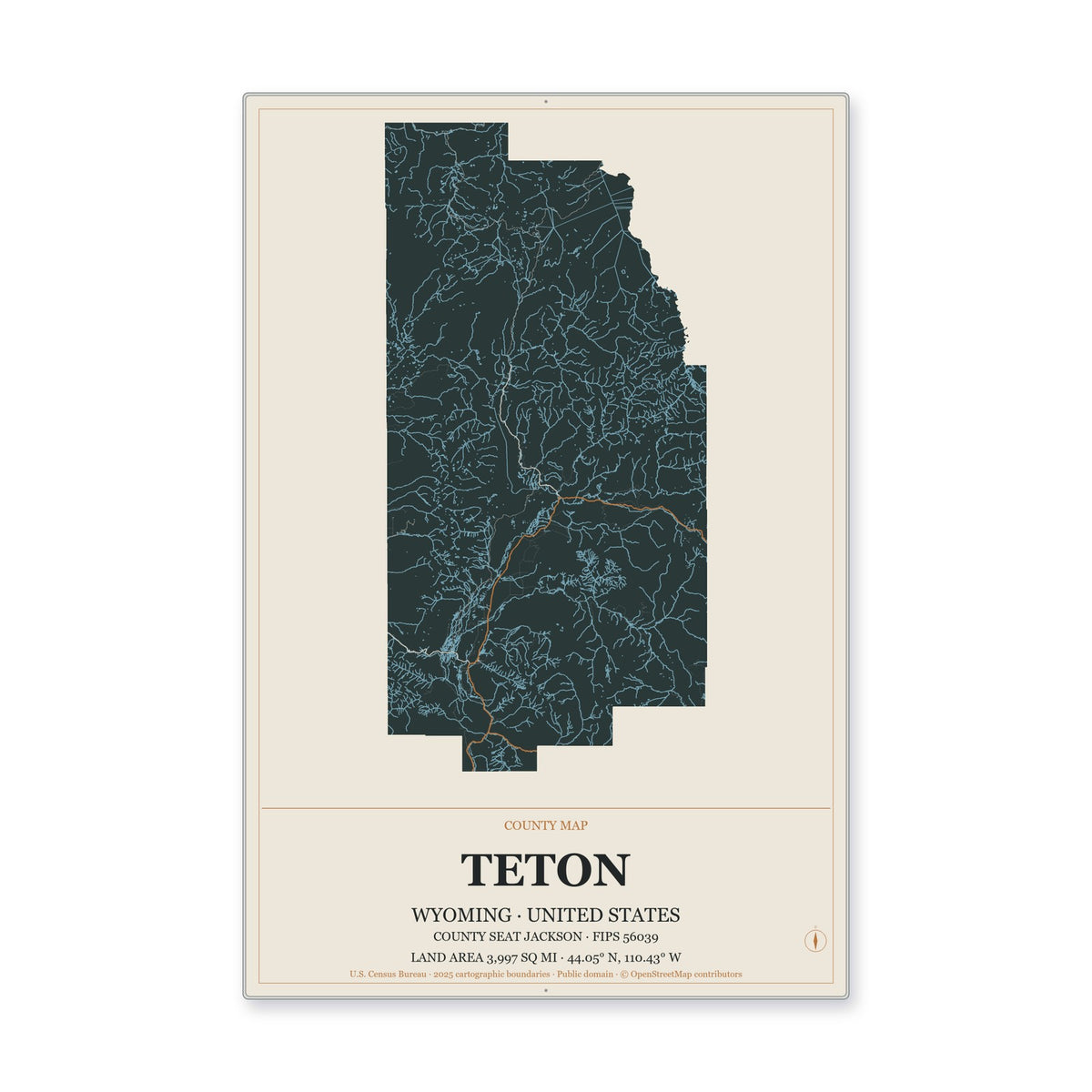 Teton County, Wyoming Map Aluminum Sign in Headline Atlas style