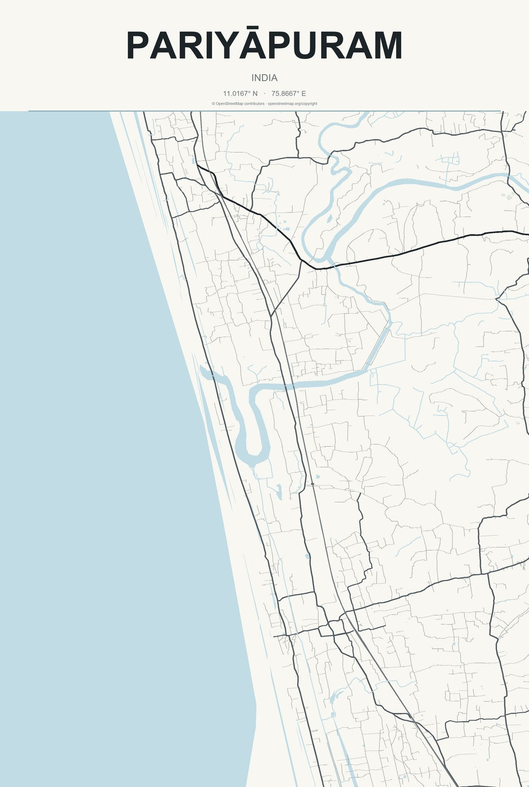 Pariyāpuram, India City Map Aluminum Sign in Headline Atlas style